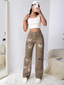 SHEIN EZwear Jeans con lavado con diseño de desgarro con mariposa - Caqui - Ver 1