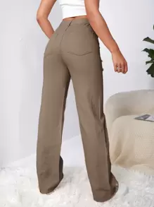 SHEIN EZwear Jeans con lavado con diseño de desgarro con mariposa - Caqui - Ver 2