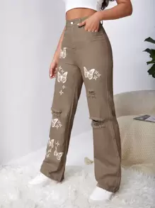 SHEIN EZwear Jeans con lavado con diseño de desgarro con mariposa - Caqui - Ver 3