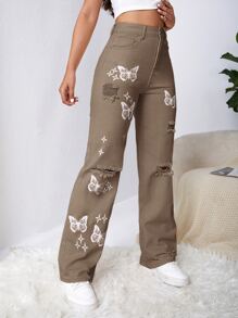 SHEIN EZwear Jeans con lavado con diseño de desgarro con mariposa - Caqui - Ver 5