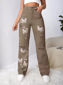 SHEIN EZwear Jeans con lavado con diseño de desgarro con mariposa - Caqui - Ver 6