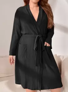Plus Double Pocket Drop Shoulder Waffle Knit Belted Robe  Cozy And Elegant Details, Fall Outfits