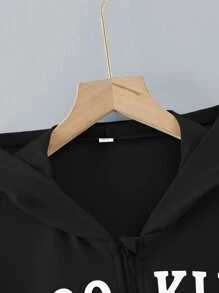 Tween Girl Letter Graphic Zip Up Sweatshirt - Black - View 3