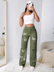 SHEIN EZwear Ripped Detail Butterfly Jeans - Army Green - View 1