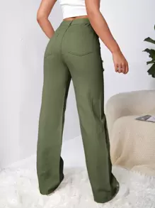 SHEIN EZwear Ripped Detail Butterfly Jeans - Army Green - View 2
