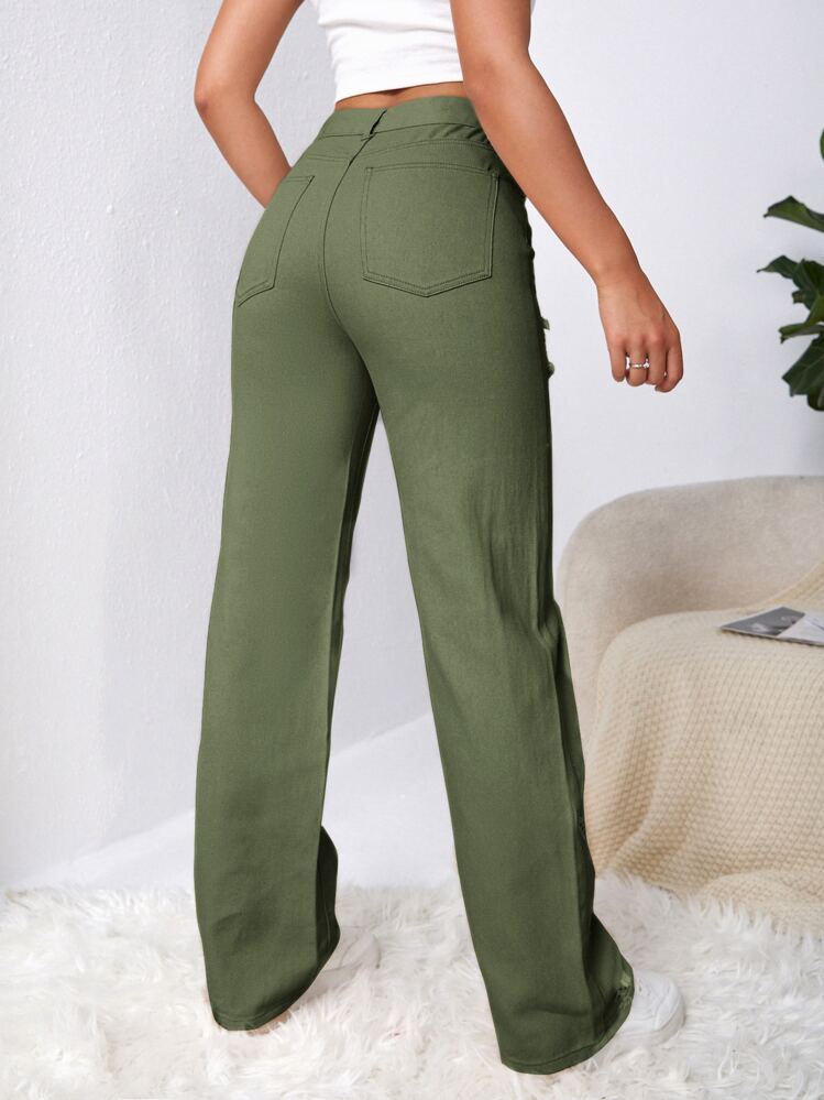 SHEIN EZwear 破洞細節蝴蝶牛仔褲 - 軍綠色 - 查看 2