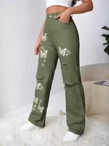 SHEIN EZwear Ripped Detail Butterfly Jeans - Army Green - View 3