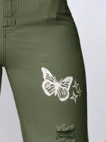 SHEIN EZwear Ripped Detail Butterfly Jeans - Army Green - View 4