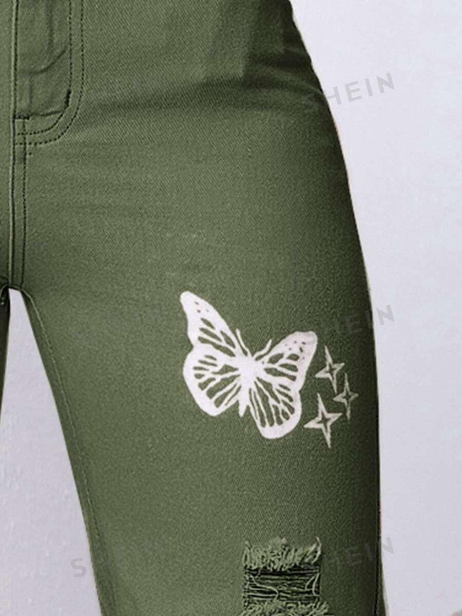 SHEIN EZwear Ripped Detail Butterfly Jeans SHEIN USA