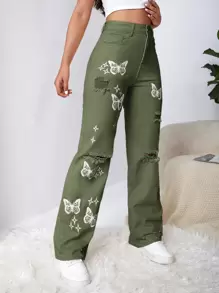 SHEIN EZwear Ripped Detail Butterfly Jeans - Army Green - View 5