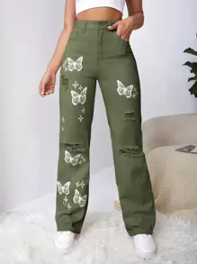SHEIN EZwear Ripped Detail Butterfly Jeans - Army Green - View 6