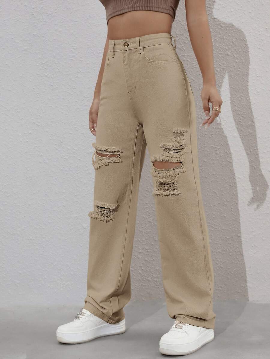 SHEIN EZwear Jeans de pierna recta de talle alto desgarro - Caqui - Ver 1