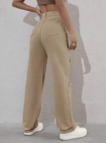 SHEIN EZwear Jeans de pierna recta de talle alto desgarro - Caqui - Ver 2