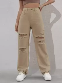 SHEIN EZwear Jeans de pierna recta de talle alto desgarro - Caqui - Ver 3