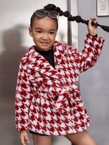 SHEIN Toddler Girls Houndstooth Pattern Belted Fuzzy Coat - Red and White - View 6