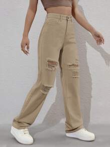SHEIN EZwear Jeans de pierna recta de talle alto desgarro - Caqui - Ver 4