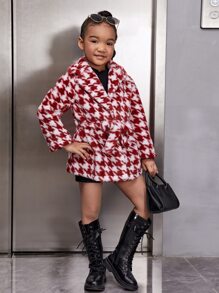 SHEIN Toddler Girls Houndstooth Pattern Belted Fuzzy Coat - Red and White - View 3
