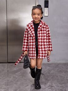 SHEIN Toddler Girls Houndstooth Pattern Belted Fuzzy Coat - Red and White - View 4
