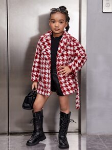 SHEIN Toddler Girls Houndstooth Pattern Belted Fuzzy Coat - Red and White - View 5