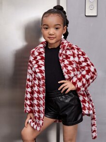 SHEIN Toddler Girls Houndstooth Pattern Belted Fuzzy Coat - Red and White - View 1