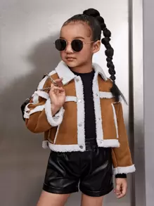 SHEIN Toddler Girls Teddy Panel Drop Shoulder Suede Jacket - Brown - View 1