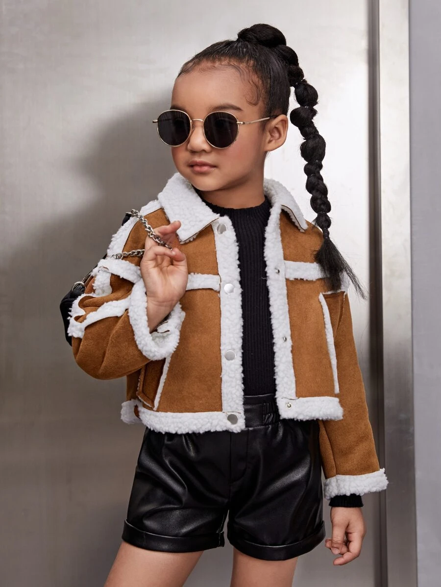 SHEIN Toddler Girls Teddy Panel Drop Shoulder Suede Jacket - Brown - View 1