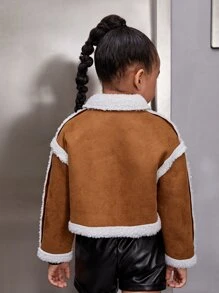 SHEIN Toddler Girls Teddy Panel Drop Shoulder Suede Jacket - Brown - View 2