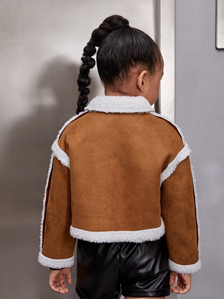 SHEIN Toddler Girls Teddy Panel Drop Shoulder Suede Jacket - Brown - View 2