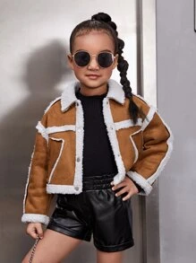 SHEIN Toddler Girls Teddy Panel Drop Shoulder Suede Jacket - Brown - View 3