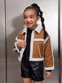 SHEIN Toddler Girls Teddy Panel Drop Shoulder Suede Jacket - Brown - View 4