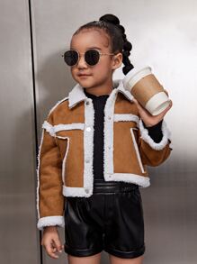 SHEIN Toddler Girls Teddy Panel Drop Shoulder Suede Jacket - Brown - View 5