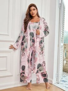 Plus 3pcs Plant Print Peplum PJ Set / Pajama Set - Multicolor - View 1