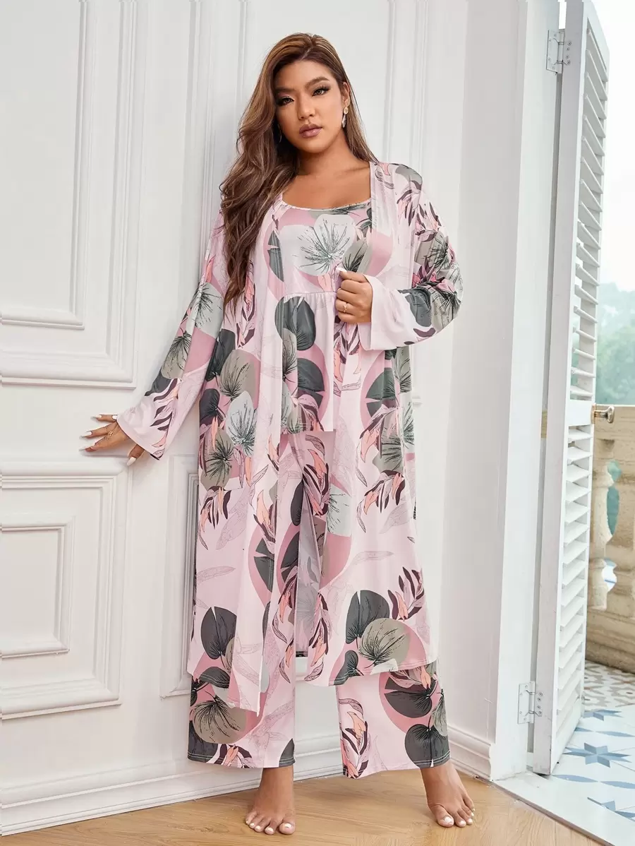 Plus 3pcs Plant Print Peplum PJ Set / Pajama Set - Multicolor - View 1