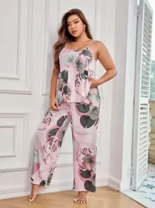 Plus 3pcs Plant Print Peplum PJ Set / Pajama Set - Multicolor - View 3