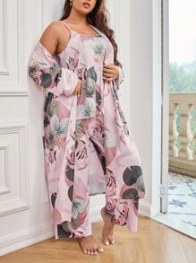 Plus 3pcs Plant Print Peplum PJ Set / Pajama Set - Multicolor - View 4