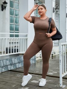 Easithlete 大碼緊縮褶皺臀部收復運動套裝 - 咖啡棕 - 查看 1