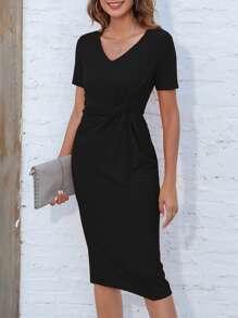 SHEIN LUNE Đầm xoắn lại màu trơn Giải trí - màu đen - Xem 1