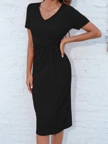 SHEIN LUNE Đầm xoắn lại màu trơn Giải trí - màu đen - Xem 3