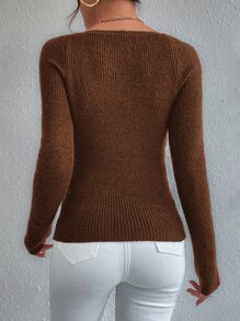 SHEIN Privé Jersey de cuello scoop tejido de canalé - Marrón - Ver 2