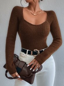 SHEIN Privé Jersey de cuello scoop tejido de canalé - Marrón - Ver 4