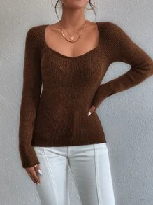 SHEIN Privé Jersey de cuello scoop tejido de canalé - Marrón - Ver 7