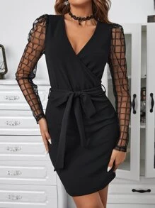 SHEIN Privé Plaid Mesh Panel Belted Dress - Black - View 2