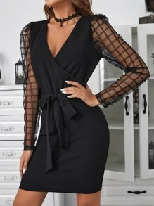 SHEIN Privé Plaid Mesh Panel Belted Dress - Black - View 5