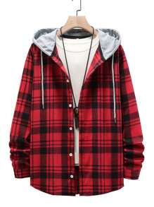 ROMWE MEN Guys Plaid Drawstring Hooded Shirt Without Tee - Red - View 1