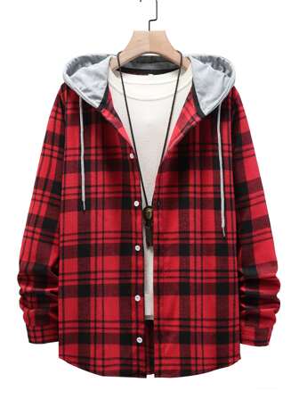 Guys Plaid Drawstring Hooded Shirt Without Tee