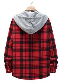 ROMWE MEN Guys Plaid Drawstring Hooded Shirt Without Tee - Red - View 2