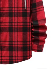 ROMWE MEN Guys Plaid Drawstring Hooded Shirt Without Tee - Red - View 3