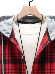 ROMWE MEN Guys Plaid Drawstring Hooded Shirt Without Tee - Red - View 4