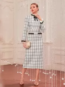 Modelyn 1pc Mock Neck Bow Front Plaid Tweed Dress - White - View 1