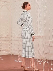 Modelyn 1pc Mock Neck Bow Front Plaid Tweed Dress - White - View 2